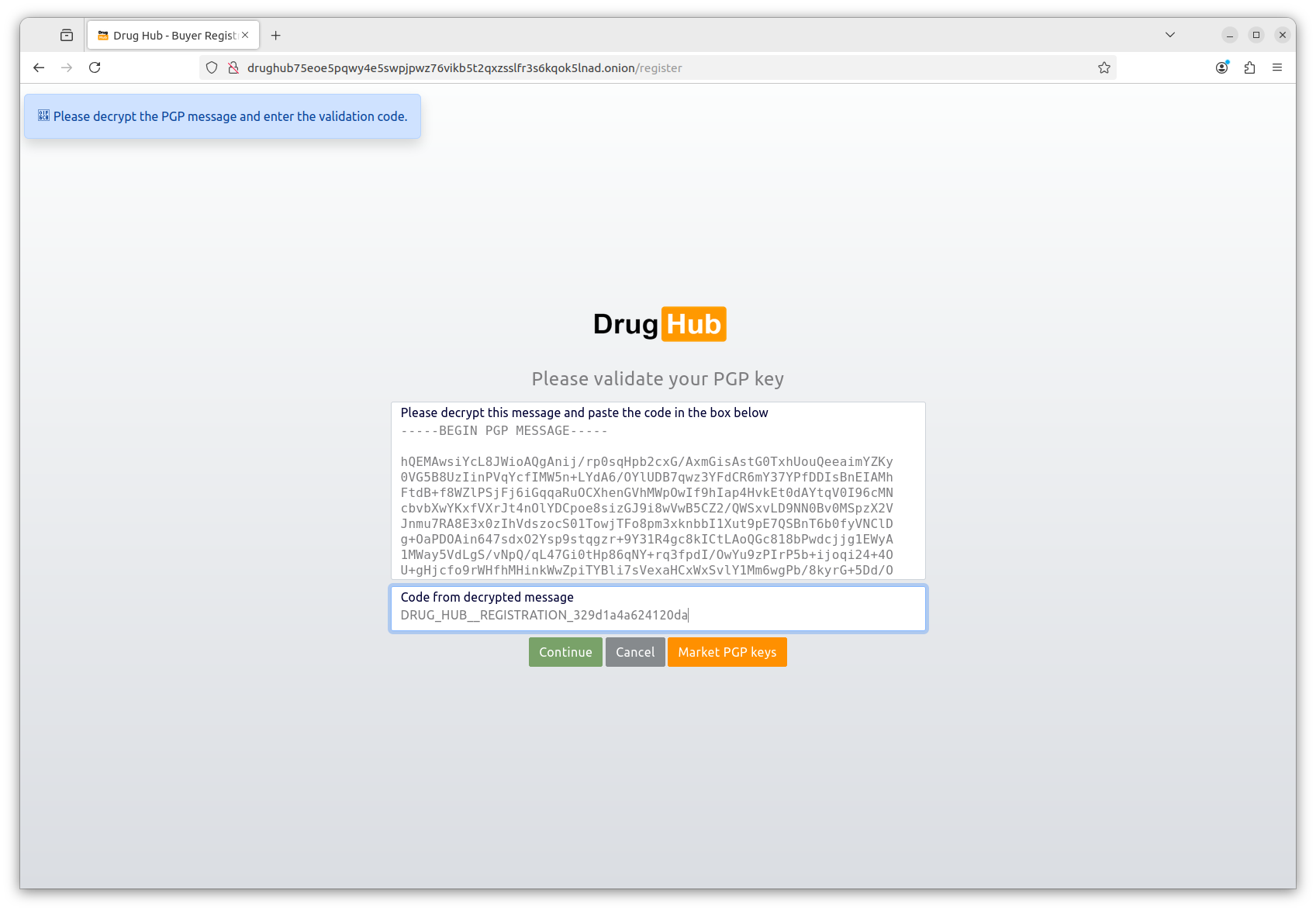 PGP key verification interface used to authenticate DrugHub onion link announcements
