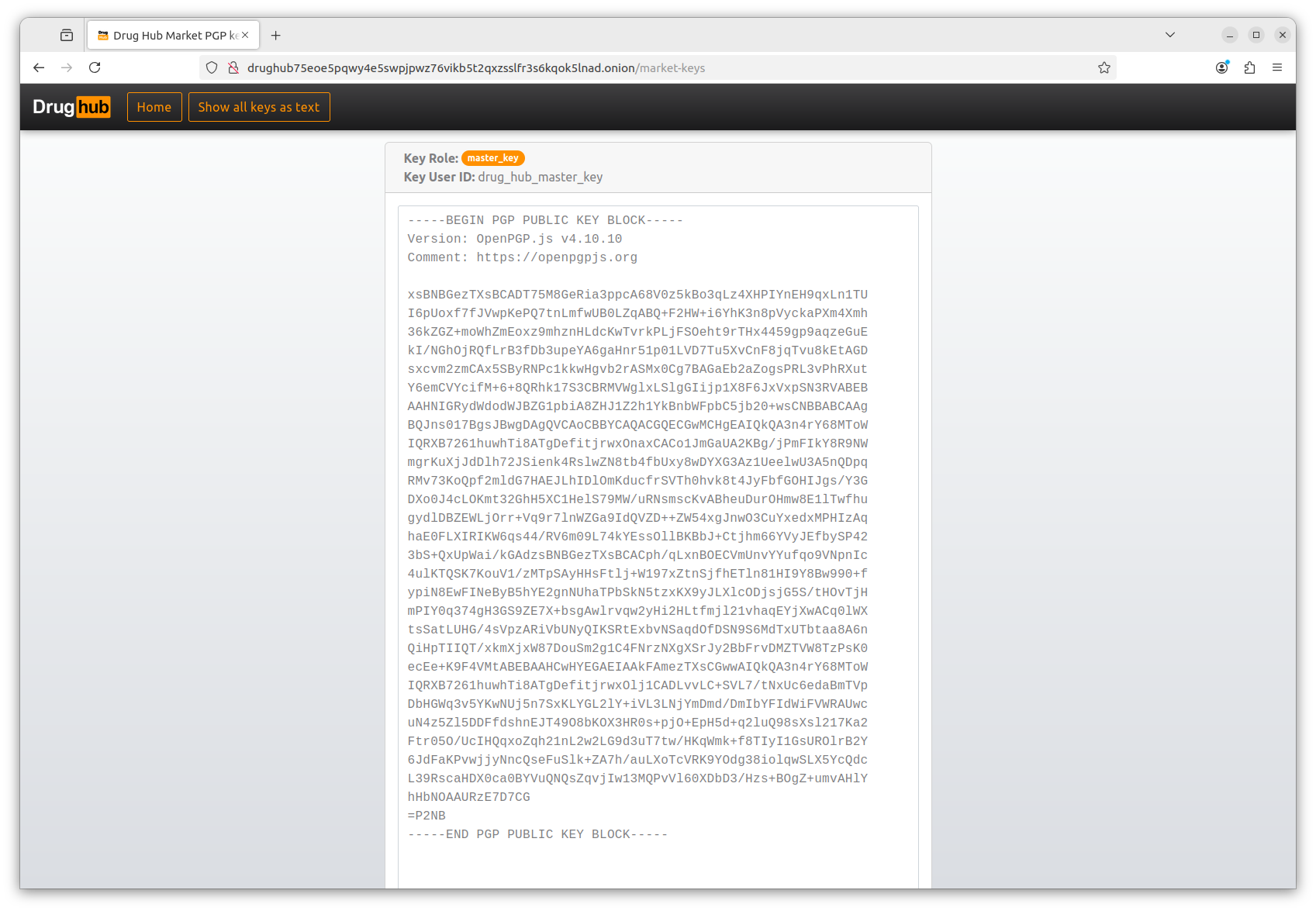 GnuPG terminal showing a valid PGP signature verification for a Drughub announcement