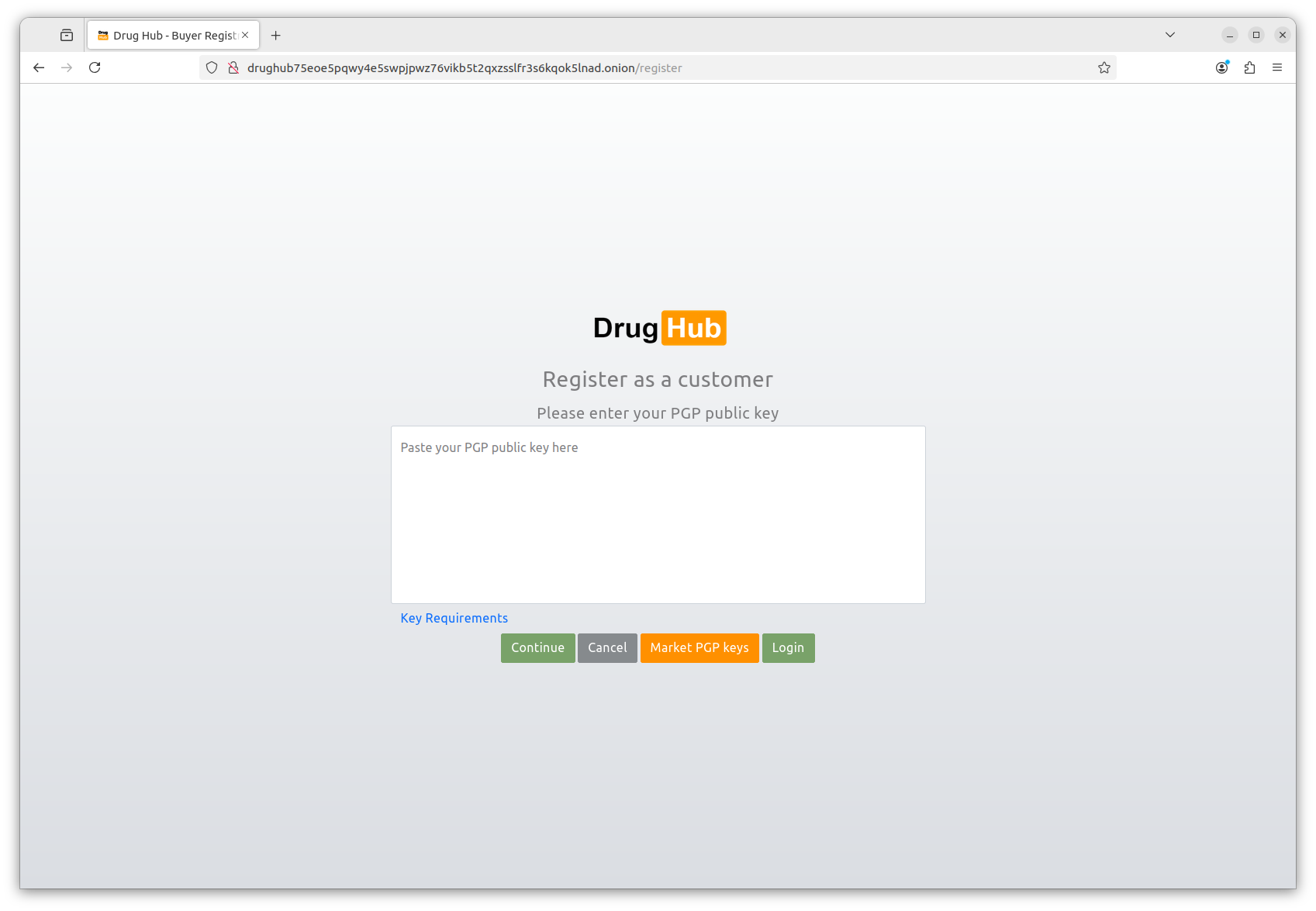 Drughub registration page showing username and PGP key fields